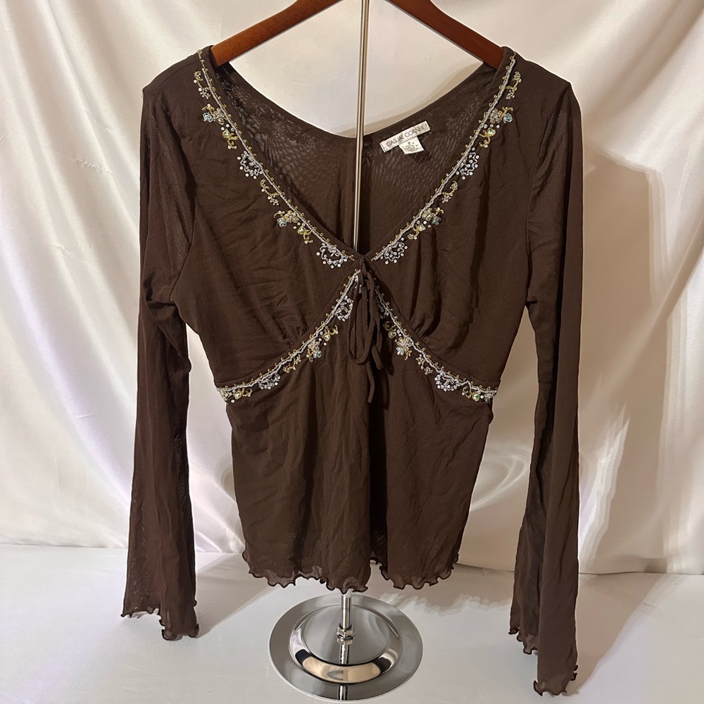 Vintage Brown Floral Embroidered Blouse